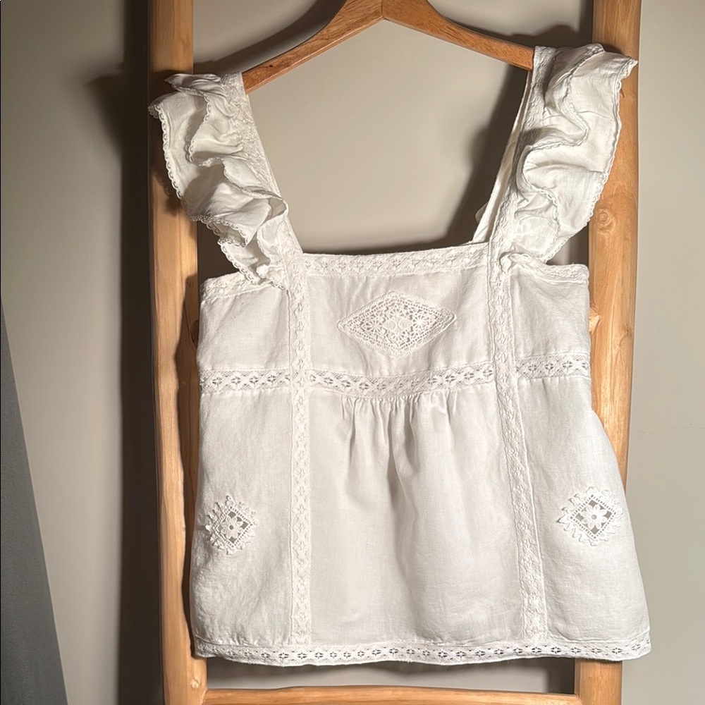 Sezane White Ruffled Lace Blouse